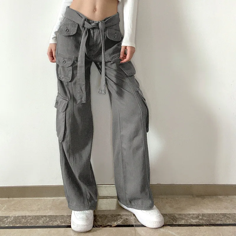 

Gray Cargo Pants Womens Trousers Casual Loose Belt High Waist Pockets Cowgirl Streetwear Solid Color Female Black Straight Jeans