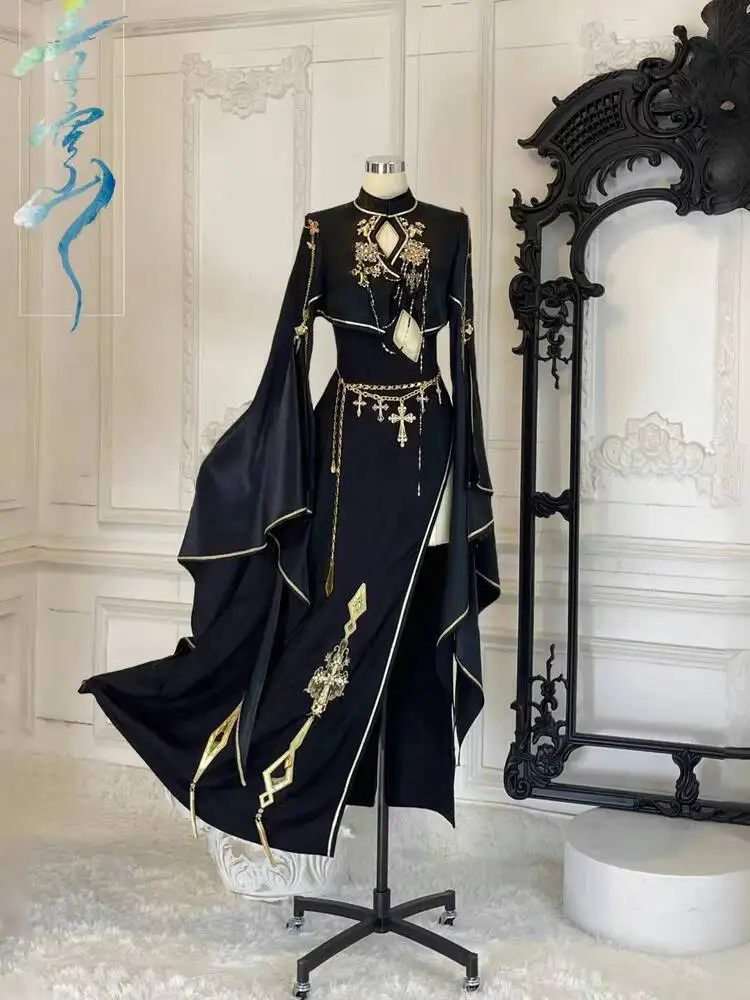 Фото Новый китайский стиль фиеста карнавал Хэллоуин Cos косплей Oc черное золото Cheongsam топы меховая шаль черный №4