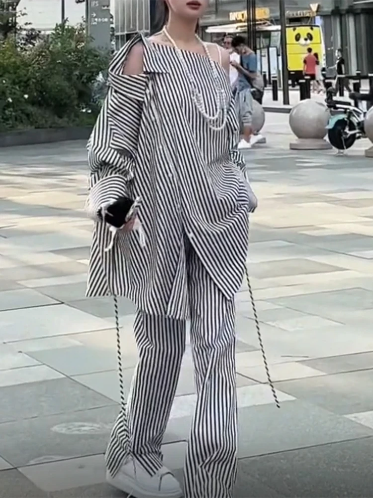 TWOTWINSTYLE Summer Two Piece Set Womens Lapel Off Shoulder Long Sleeve Tops High Waist Wide Leg Pants Striped Sets Female Style