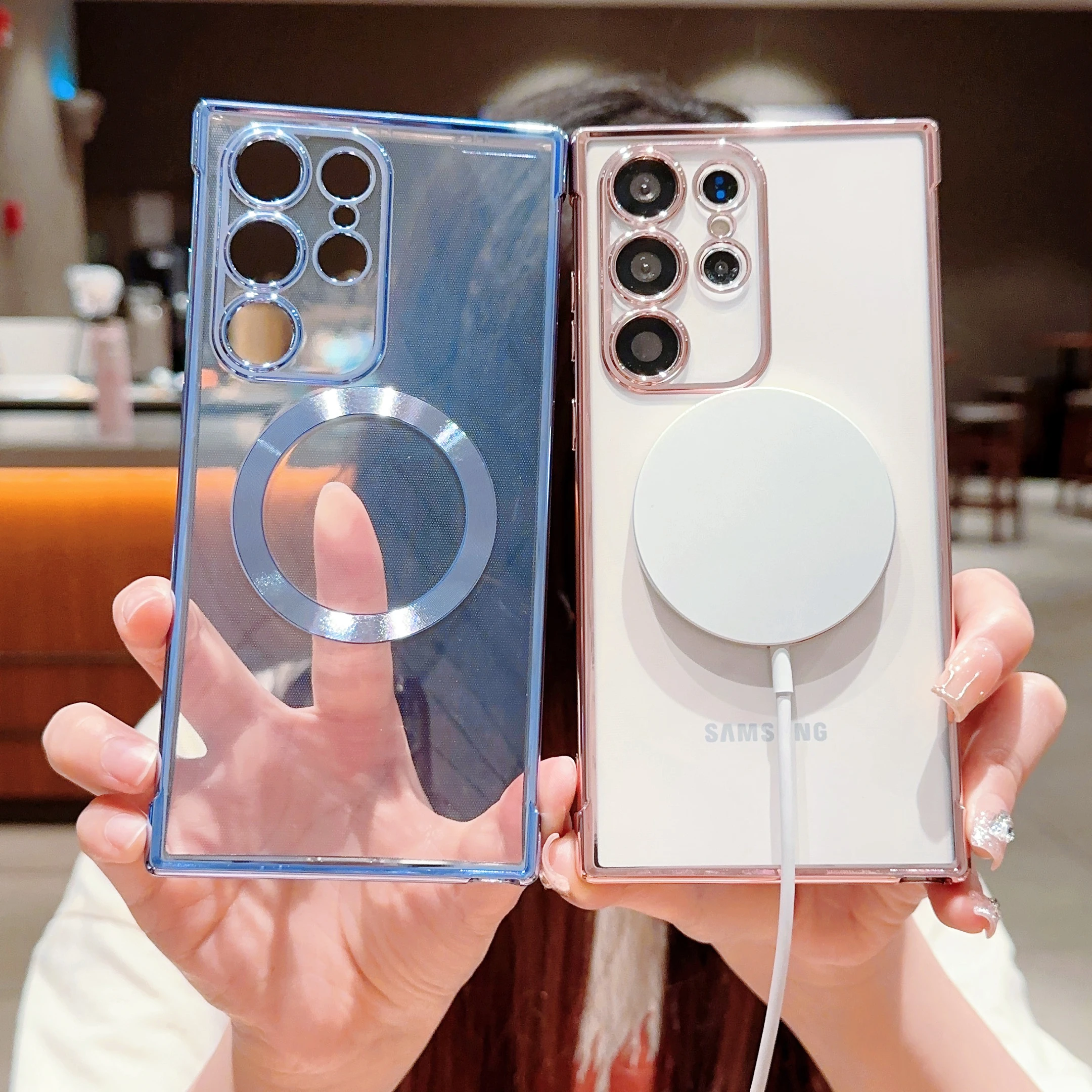 

Transparent Clear Magnetic Case for Samsung Galaxy S21 FE S20 S22 S23 Ultra Plus for Magsafe Plating Shockproof Phone Cover