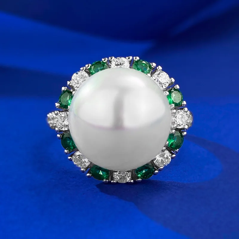 

SpringLady S925 Sterling Silver 12MM Pearl Lab Sapphire Emerald Gemstone Ring For Women Wedding Engagement Fine Jewelry Gifts