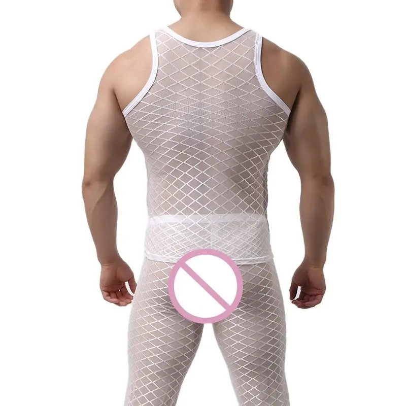 CLEVER-MENMODE Fishnet Pajamas Sets Men Sexy Tranparent Tank Tops Pants Trousers Mesh Vest Bottoms Sleepwear Nightwear