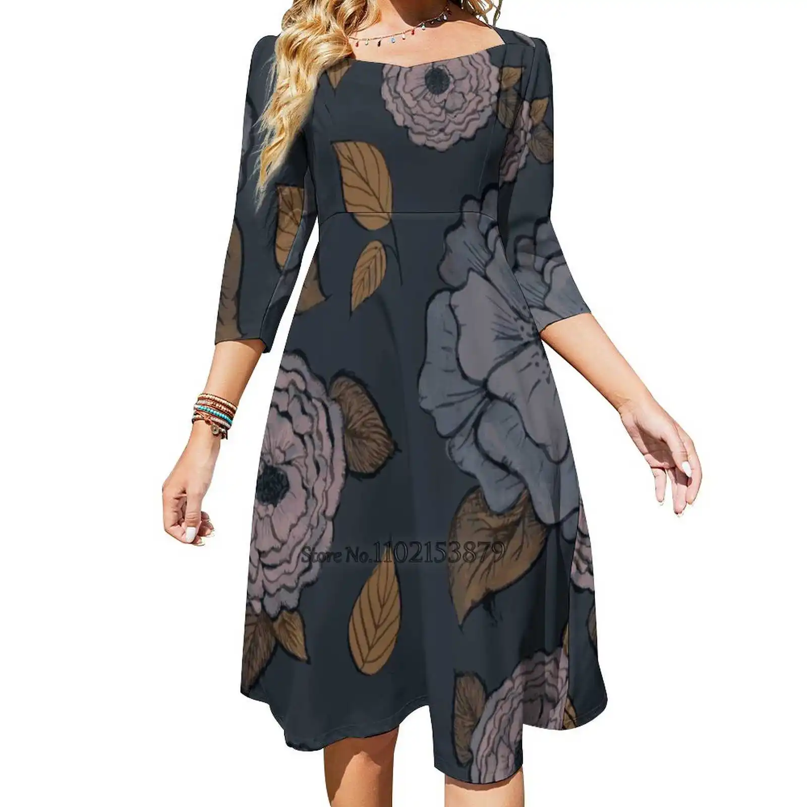 

Faded Floral Square Neck Dress Summer Dress Women Elegant Halter Print Dress Navy Blue Green Pink Faded Soft Delicate Floral