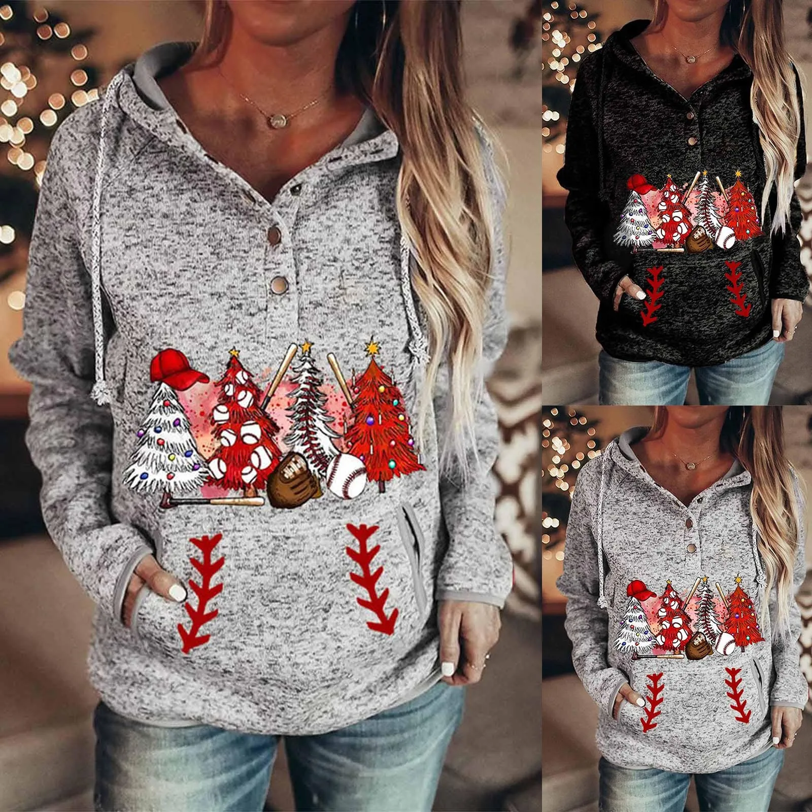 

Женский пуловер, толстовки в клетку, с рождественским принтом, на пуговицах, с длинным рукавом, французская туника, Женская толстовка на мол...