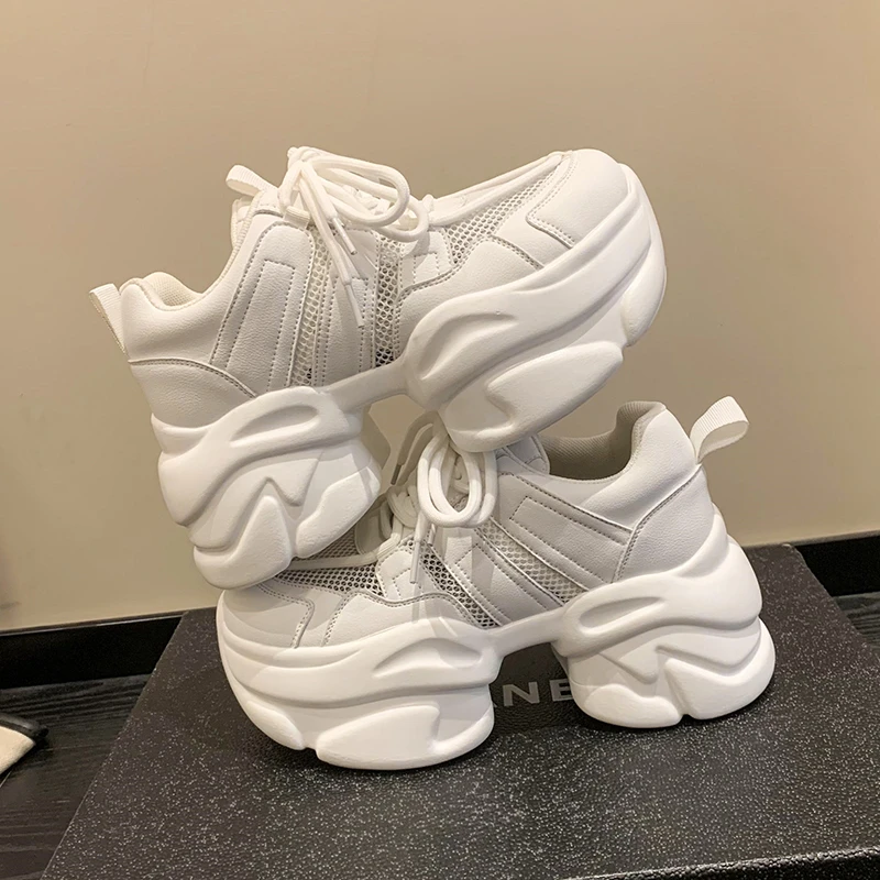 Women Chunky Leather Sneakers Platform Ulzzang Sports Shoes Summer Thick Bottom Women's Breathable Mesh Wedges Casual Shoes 7CM