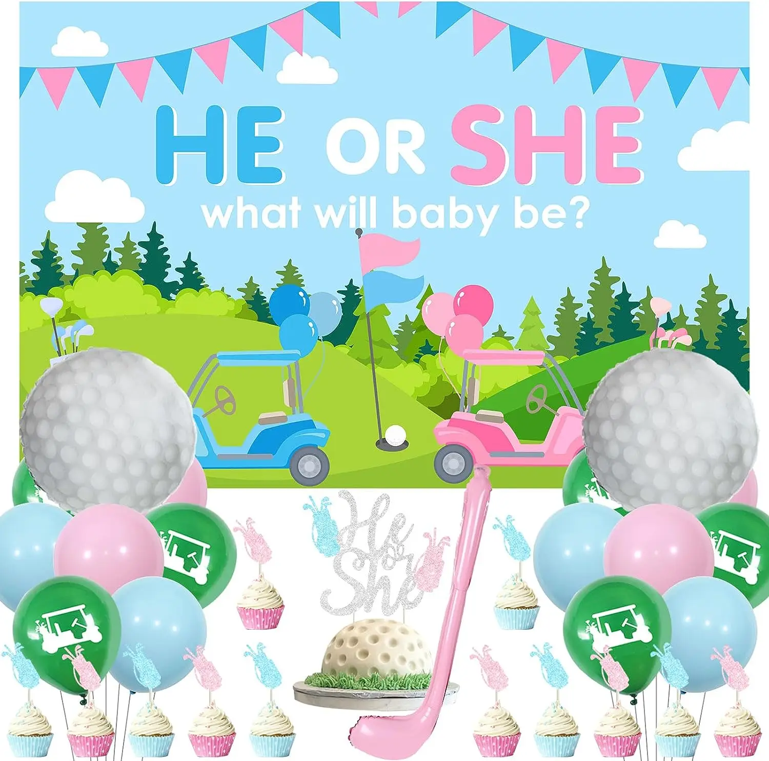 

Golf Gender Reveal Decorations He or She What Will Baby Be Backdrop Golf Ball Balloons for Pregnancy Celebration Newborn Party