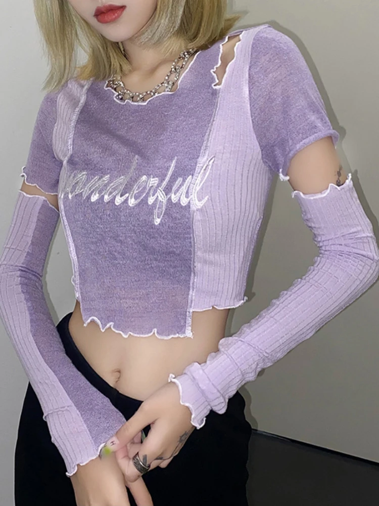 

Short Tshirts Women Clothes Fashion Hole Casual Tee Irregular Pure Color Fresh Youth Teen Girls New Navel Crop Top Purple Sleeve