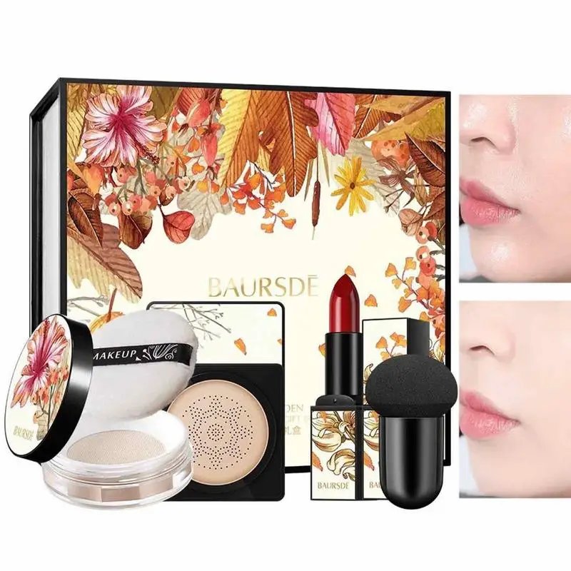 

Mushroom Head Air Cushion BB Cream 4 PCS Lipstick Loose Powder BB Cream Set Bright Makeup Base Long Lasting BB Cream