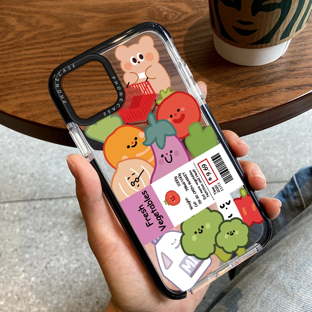 

Fruits and VegetablesText Labels Case for iPhone 14ProMax 14Plus 13 12 11 Pro Max Luxury Transparent Soft Silicone Back Cover
