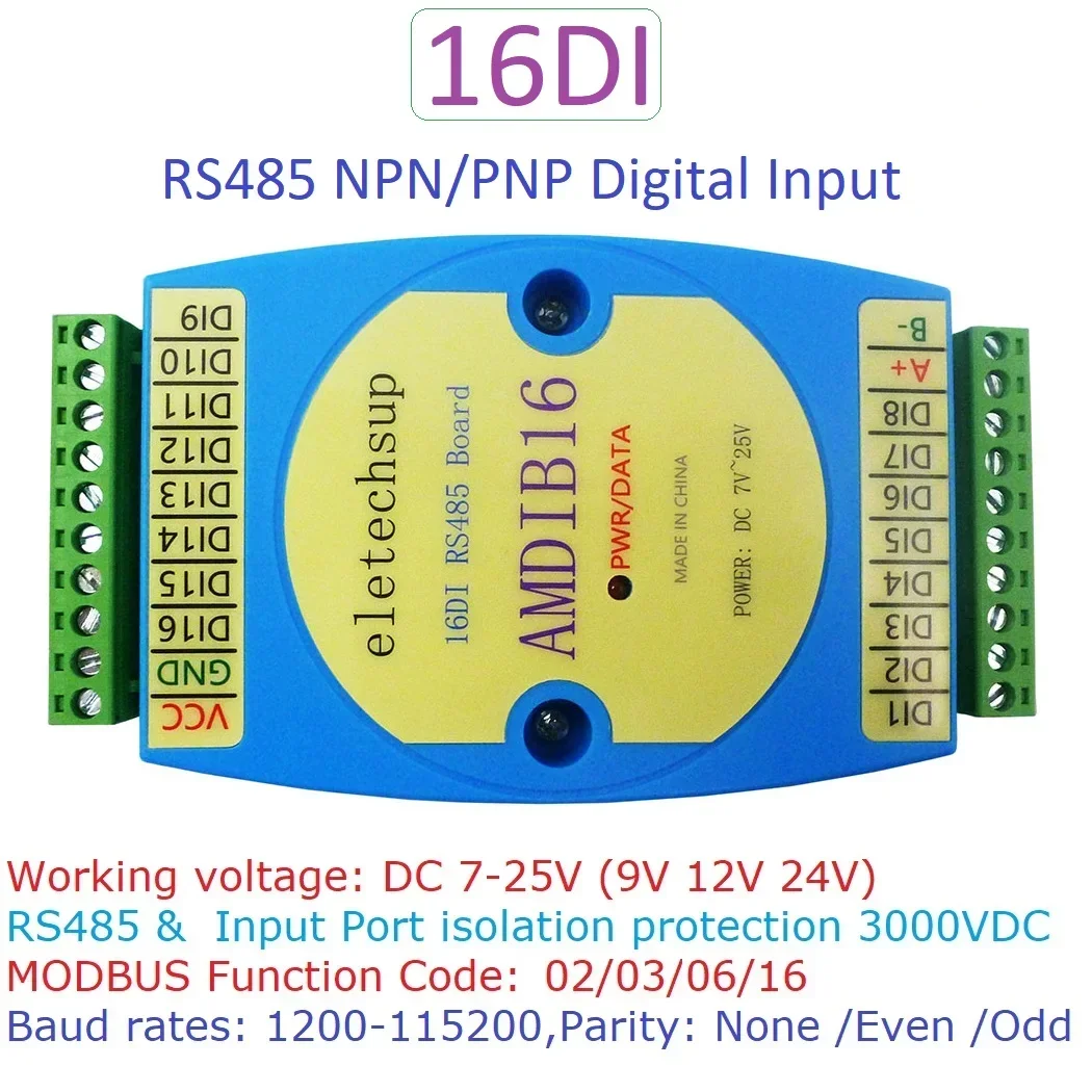 AMDIB16 16DI DC 12 В 24 NPN PNP Модуль цифрового ввода RS485 Изолированная связь MODBUS RTU Плата