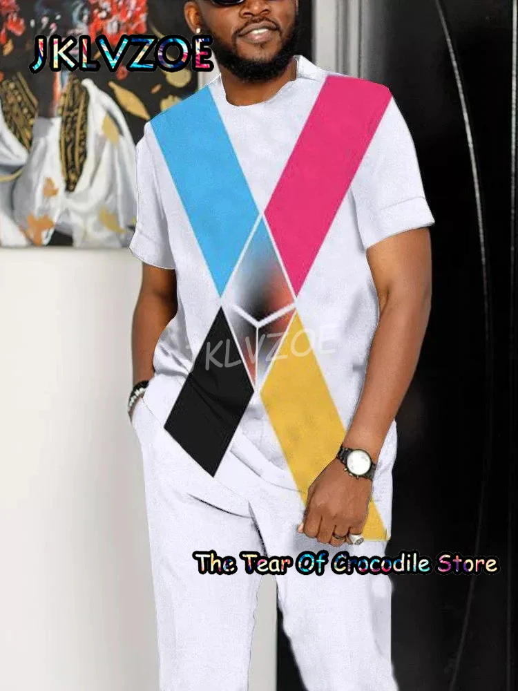 Retro Men's T Shirt Tracksuit Trousers 2 Piece Set Stripe Pattern Short Sleeve Pants Streetswear 3D Printing Summer Clothing