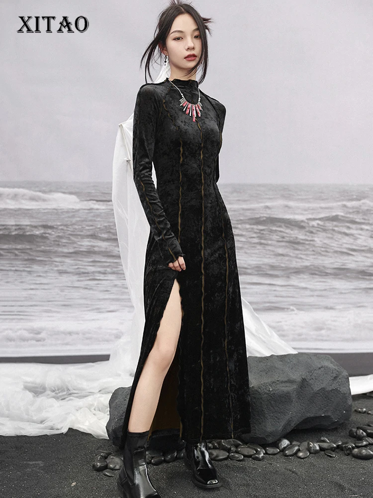 

XITAO, Элегантное Длинное платье с воротником-стойкой, комфортное, повседневное, простое, Ретро стиль, с длинными рукавами, осень 2023, новинка, женское LYD1432