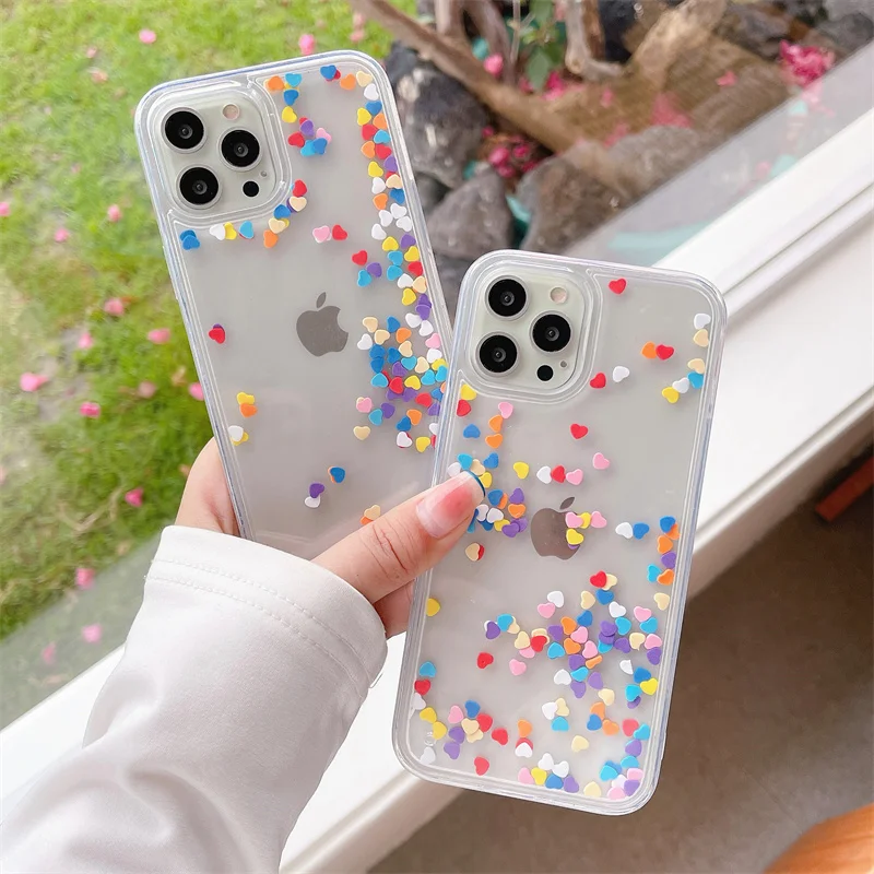

Luxury Cute Colorful Love Heart Quicksand Clear Phone Cases For Iphone 13 12 Pro 11 X XR XS Max 8 7 6 6S Plus Soft Back Cover