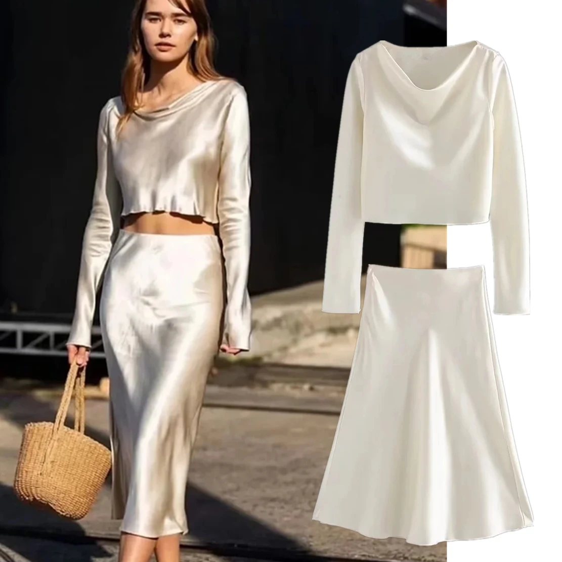 

Maxdutti And High Waist A-line Midi Skirts French Style Fashion Satin Silk Casual Blouse Sets Women