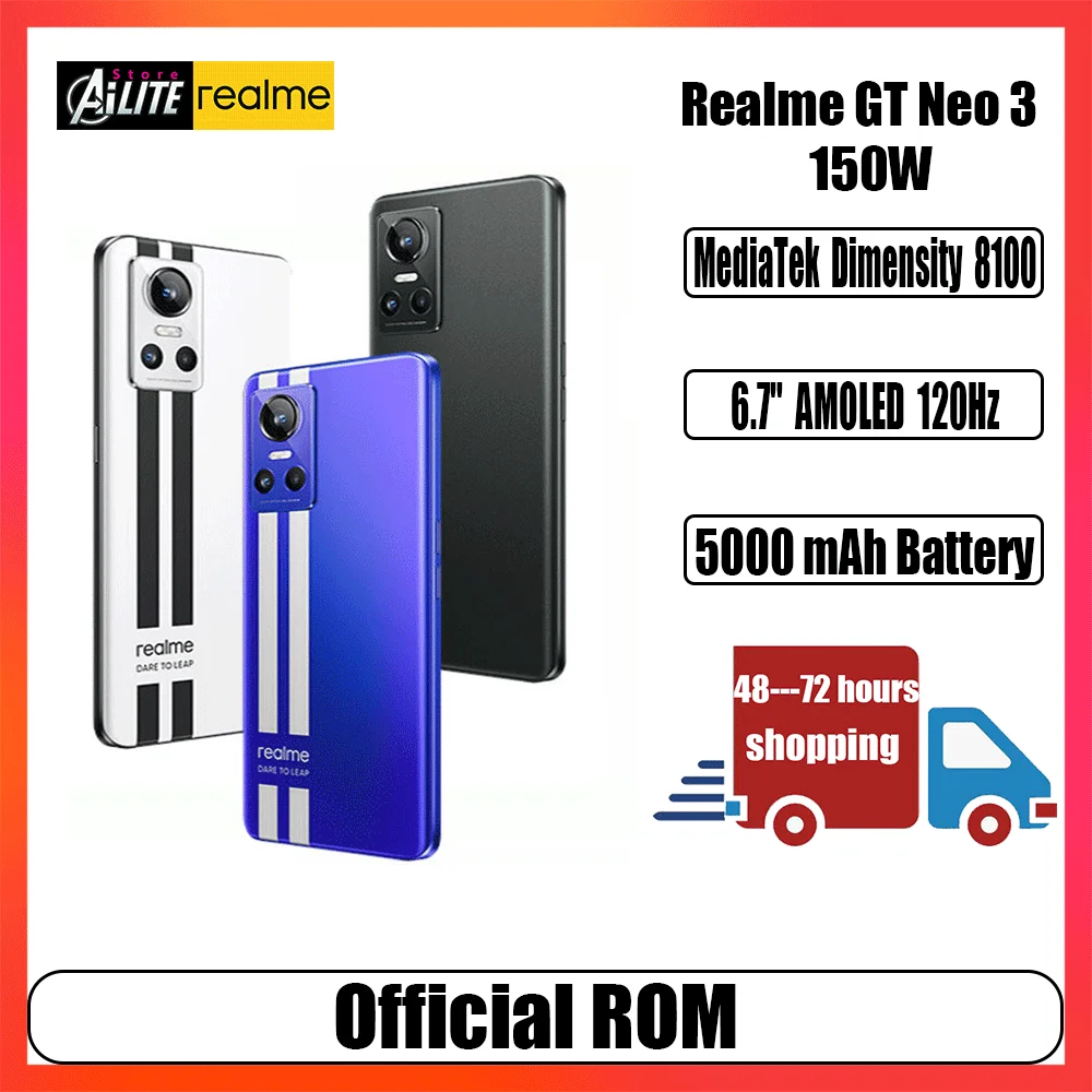 Realme GT Neo3 5G Mobile Phone 80W 150WSuper Charge Dimensity 8100 Octa Core 6.7 FHD+ 120Hz 50MP IMX766 NFC realme UI3.0