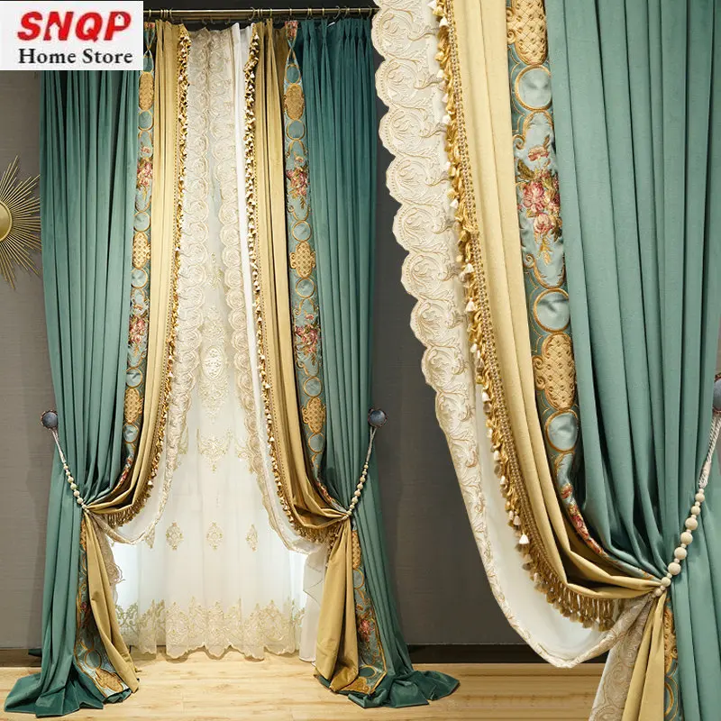 

Европейские Роскошные затемняющие шторы для гостиной, зеленые бархатные шторы с вышивкой и кружевом, французская спальня, вилла, американс...
