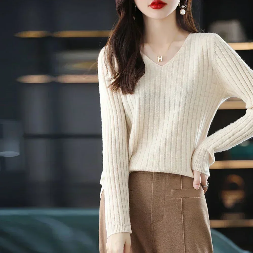 Свитер с длинными рукавами и v-образным вырезом женский трикотаж M-2XL футболка