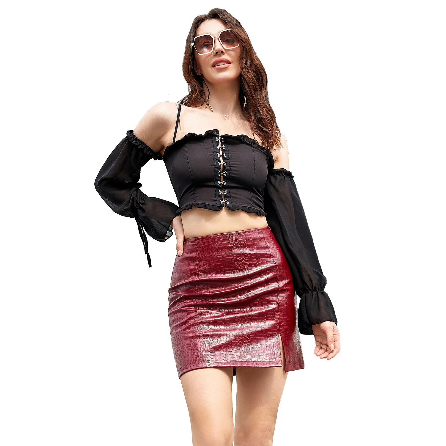 Women's Zip Back Leather Y2K Skirt Elegant High Waisted PU Leather Side Slit Hem Bodycon Short Mini Skirt Pencil Skirt