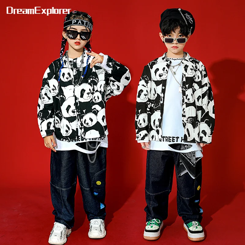 

Boys Street Dance Panda Jacket Loose Jeans Girl Hip Hop Shirt Baggy Pants Child Clothes Sets Kids Streetwear Tee Jazz Costumes