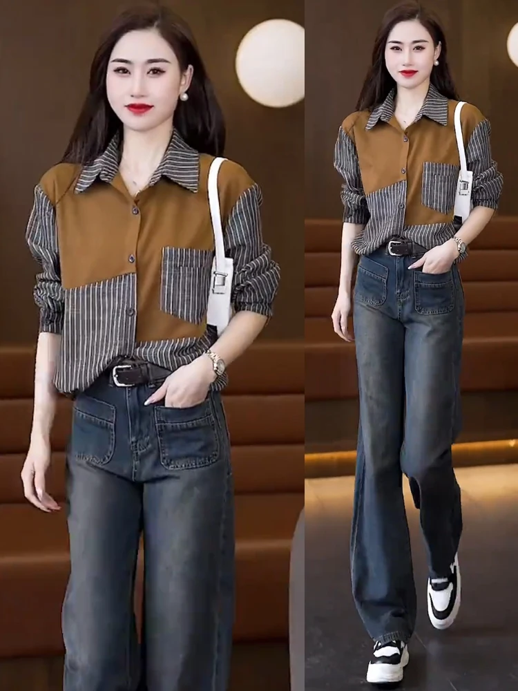 Модные рубашки с джинсовым комплектом женские весенние новинки 2024 маленькие