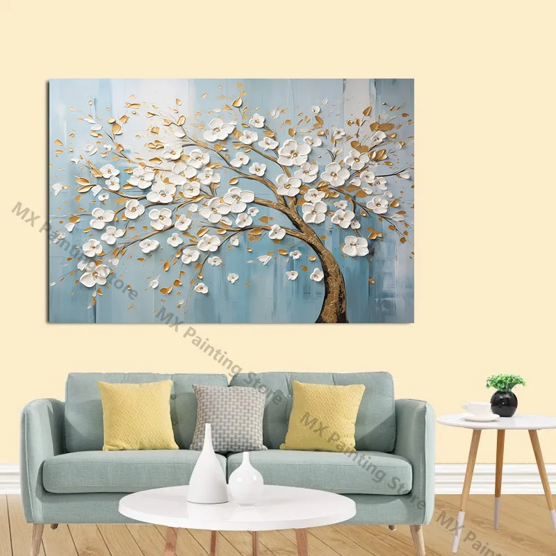 Абстрактный белый цветок дерево золотые листья синий фон Настенный декор