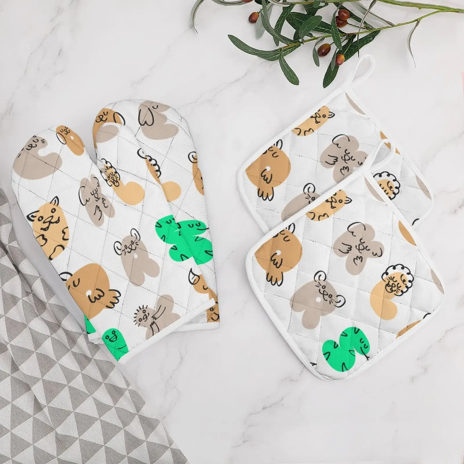 

Color Animal Letter Design 4PCS Oven Mitts and Pot Holders Sets for Cooking Baking Grilling