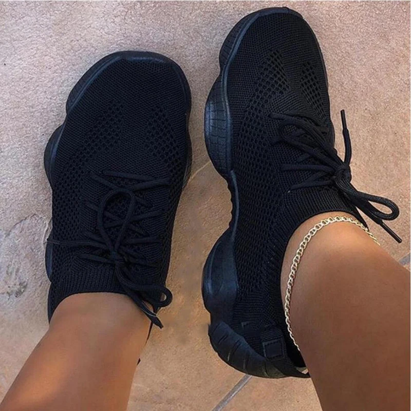 Women Platform Sneakers Sock Shoes Summer Breathable Cross Tie Air Mesh Round Toe Casual Fashion Sport Lace Up 2021 Female Girl