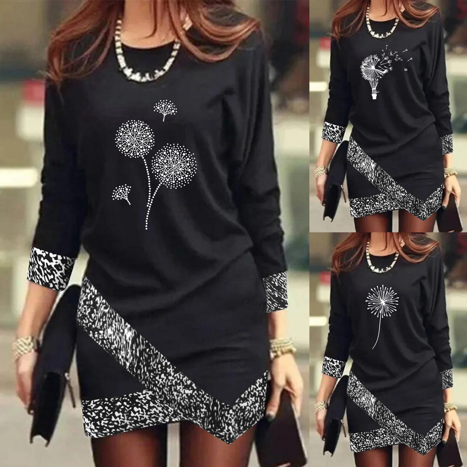 

Мини-платье с круглым вырезом, длинным рукавом и леопардовым принтом