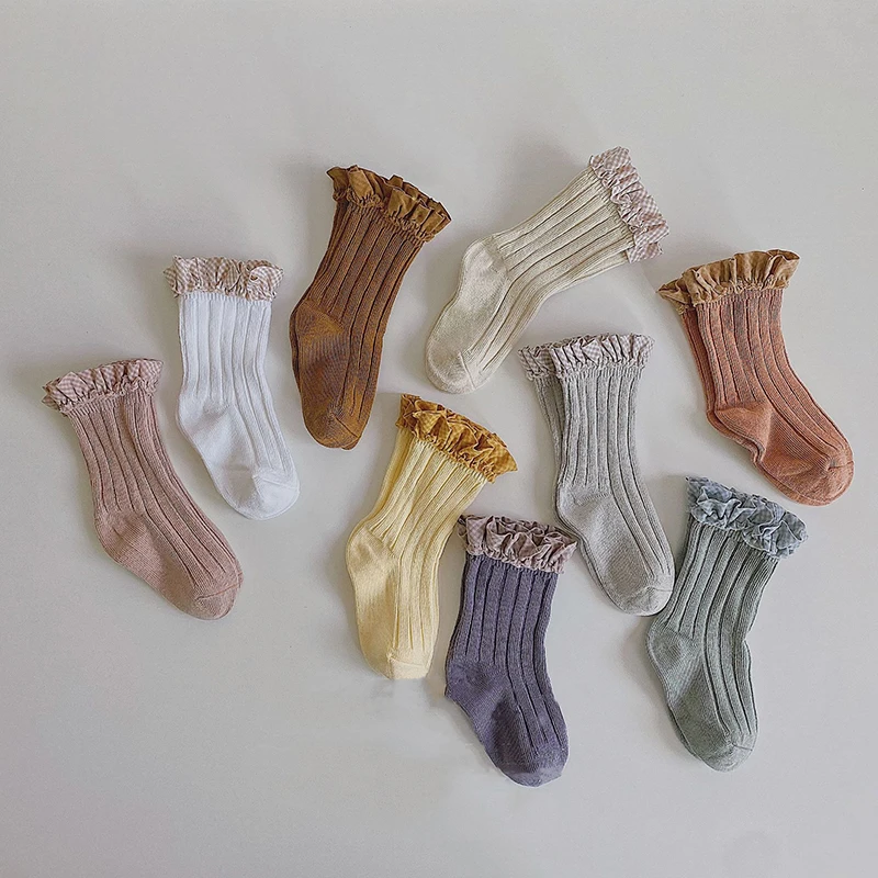 Детские носки ярких цветов с кружевом хлопковые принцессы для девочек мягкие