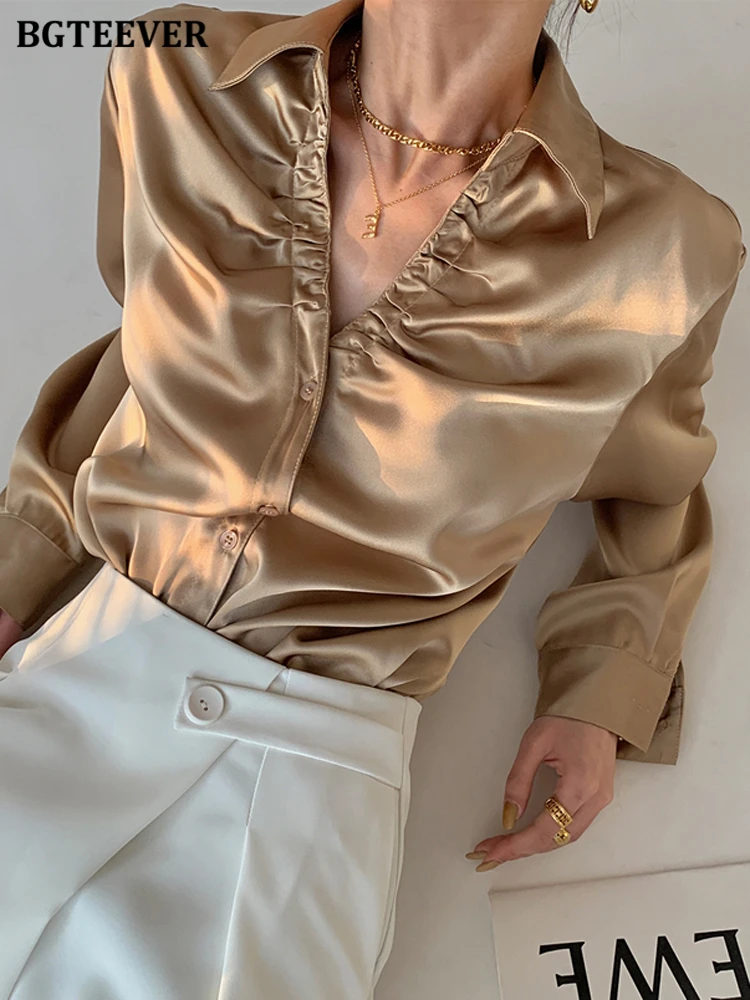 

BGTEEVER Chic V-neck Women Satin Blouses Long Sleeve Single-breasted Loose Elegant Ruched Female Shirts 2022