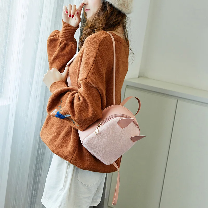 

Newly Women Mini Backpack Girls School Bags Plush PU Leather Cute Animal Ear Backpacks Elegant Everyday Purse for Women
