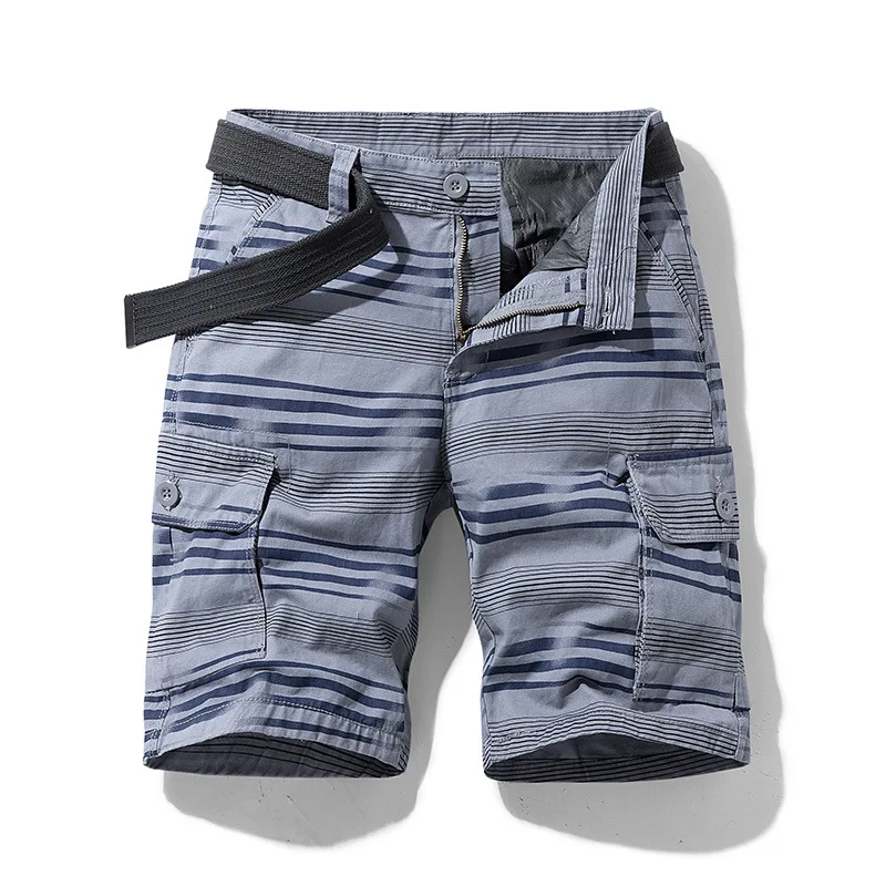 New Summer Casual Short Men Fashion Stripe Cargo Shorts Cotton Military Jogger Knee Length Breeches Bermuda Mens Shorts