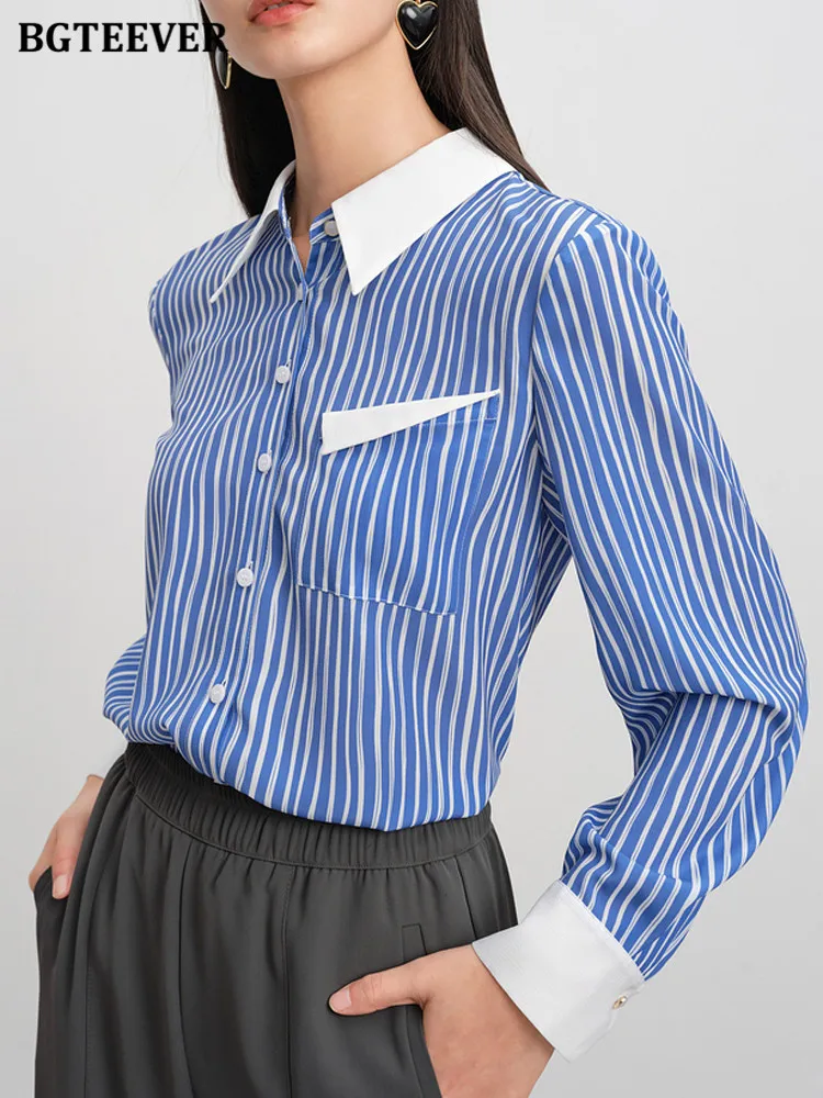 

Стильные женские полосатые рубашки BGTEEVER с отложным воротником, свободные однобортные женские блузки с длинным рукавом, весенние топы