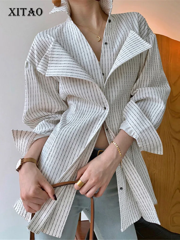 

XITAO Striped Blouse Fashion Single Breast Patchwork Small Fresh Split 2022 Autumn Minority Loose Elegant Shirt Top ZY7424