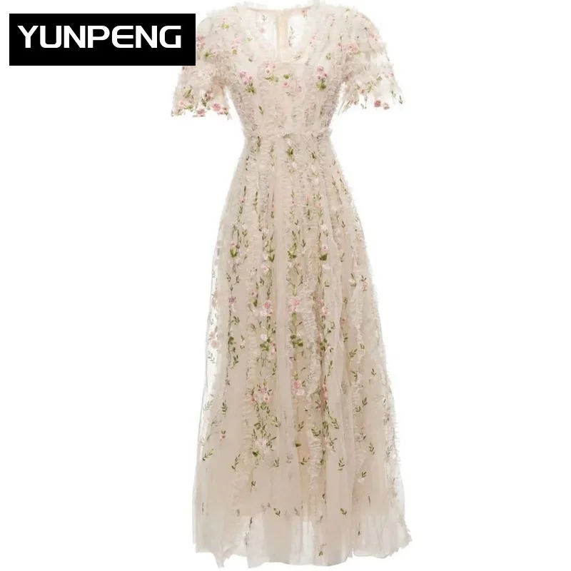 Dresses For Women 2023 Runway Luxury Brand Elegant  Summer Fashion Mesh Short Sleeve Flowers Embroidery Holiday Party Long Dress