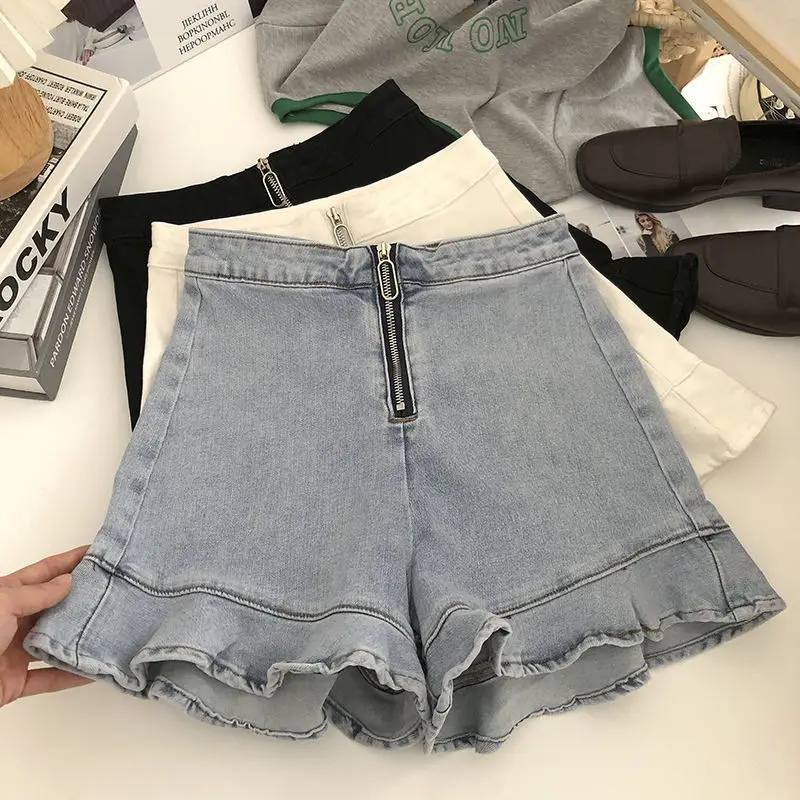 Zipper High Waist Casual Denim Wide Leg Pants Women's Summer 2022 Korean  Versatile Ruffled Shorts  streetwear women