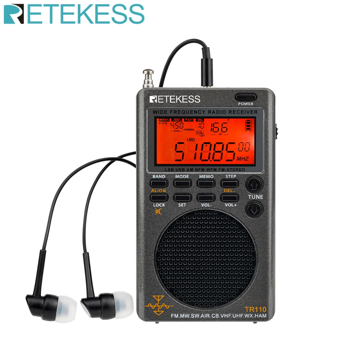 Портативный цифровой радиоприемник Retekess TR110, FM/MW/SW/SSB/LSB/AIR/CB/VHF/UHF/UBD, Полнодиапазонный радиоприемник, стерео Bluetooth, будильник