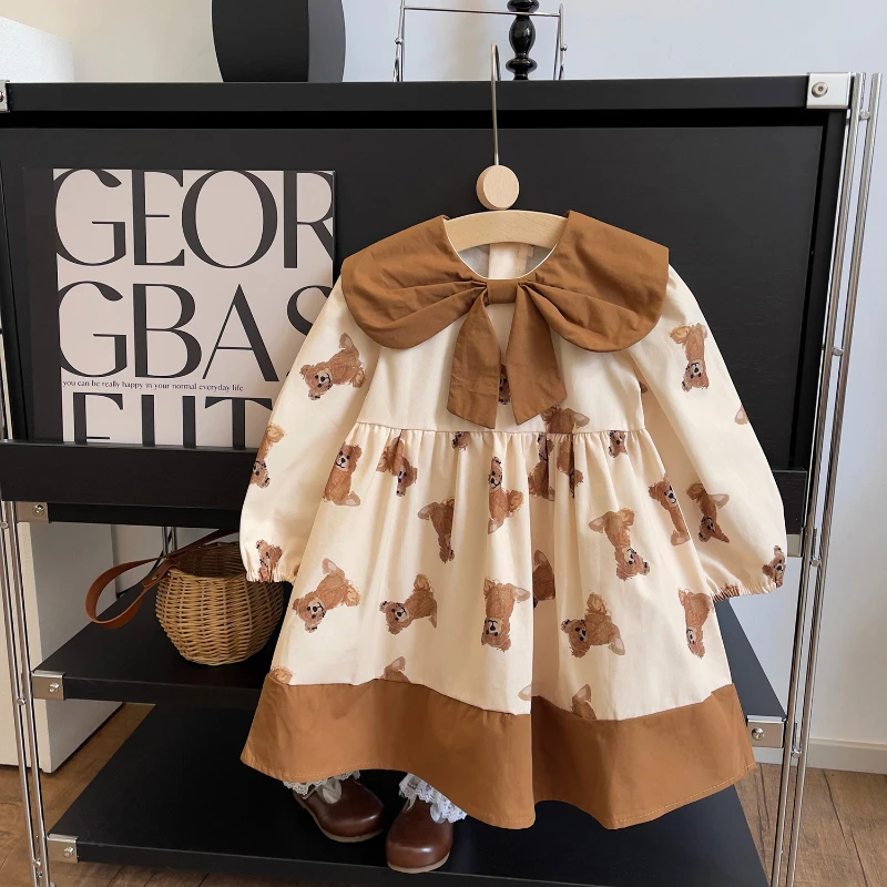 

Girls' Long-sleeved Dress Autumn Girls' New Cartoon Print Long-sleeved Dress with Large Lapel Ropa De Niña Vestidos