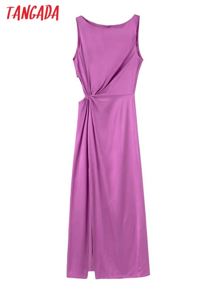 

Tangada Women Fashion Bow Cut-out Satin Midi Dress Vintage Back Zipper Sleeveless Female Party Dresses 3H633