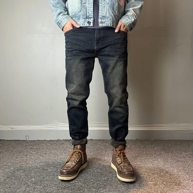 

Новинка Осень-зима 2023, американские тяжелые эластичные облегающие джинсы в стиле ретро, мужские Модные брендовые повседневные брюки с эффектом потертости