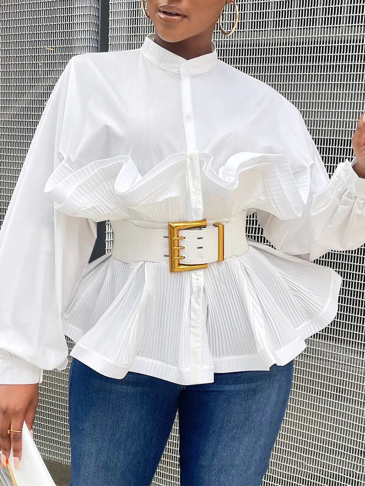 

Элегантные женские блузки, туника, рубашка, топы с пышными рукавами и баской, офисные Модные топы для мероприятий, блузка с оборками, женская...