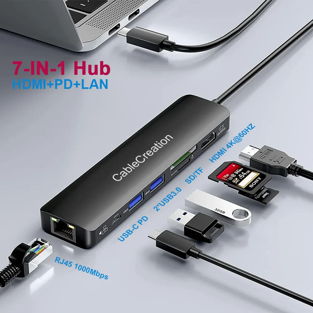 USB C Hub 7-in-1 Hub Dockteck with 4K 60Hz HDMI/1Gbps Gigabit Ethernet/100W PD/2 USB 3.0/SD/TFfor MacBook Pro/ Air iPad Pro XPS enlarge