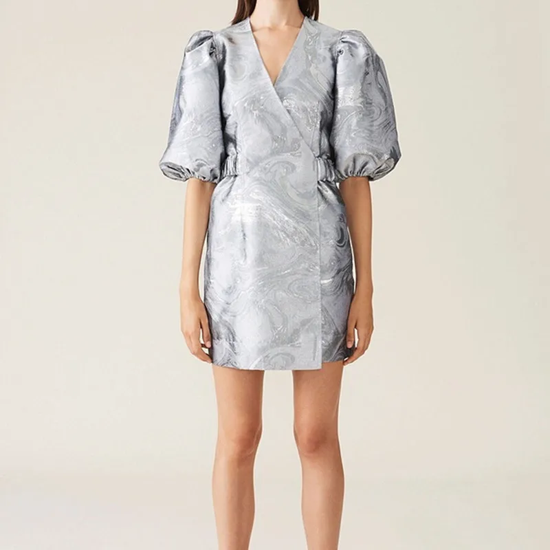

2021 Early Fall Women's Mini Dress Glittering Wrap Jacquard Puff Sleeve Dress with Sashes V-Neck Ladies Slim Waist Short Robe