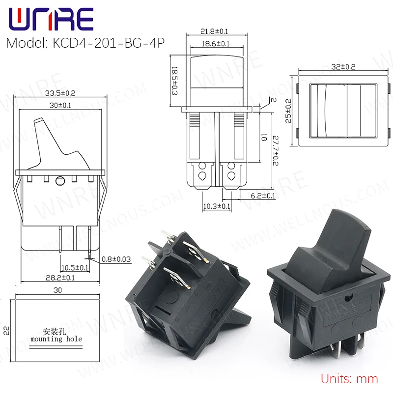 

KCD4 Кулисный переключатель, 2/4 контакта, квадратный, с самовозвратом, мощность электрооборудования, 15 А, 250 В переменного тока/20 А, 125 В переменного тока, тумблер в форме лодки