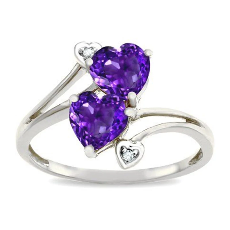 

New Cute Silver Color Double Love Heart Rings For Women Purple CZ Stone Inlay Fashion Jewelry Charming Wedding Party Gift Ring