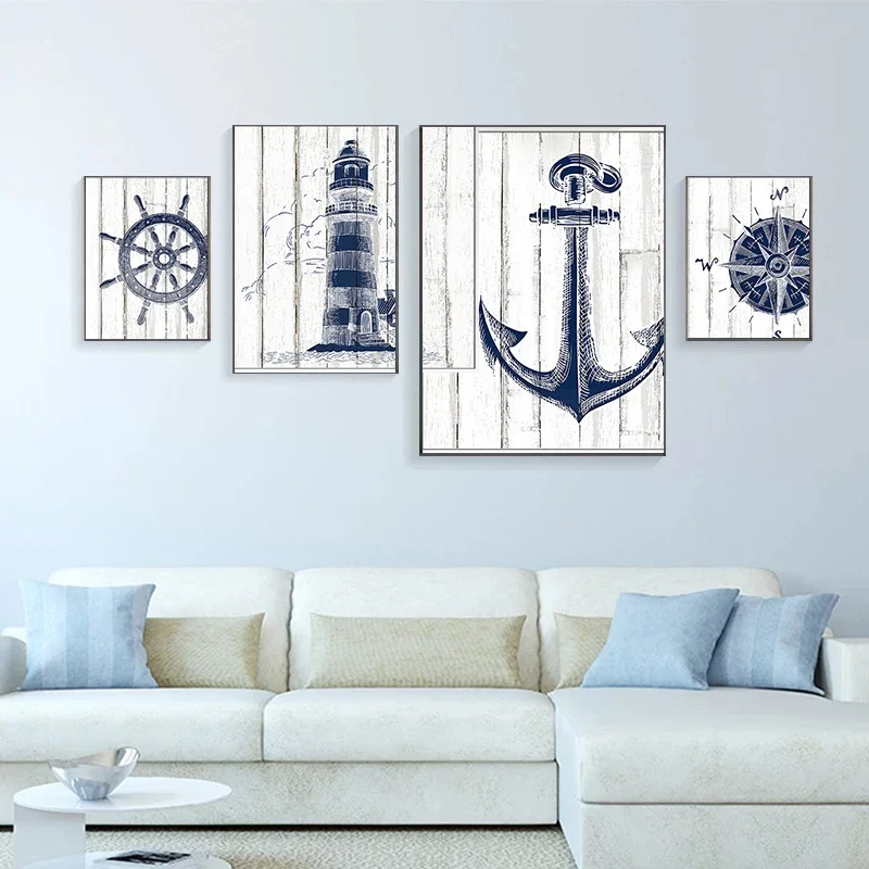Морская диаграмма маяк якорь компас картина на холсте