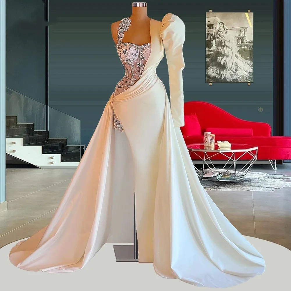 

Slit Prom Dresses A-line Sweetheart Long Sleeves Crystals Long Prom Gown Saudi Arabia Dubai Black Girls Evening Dresses