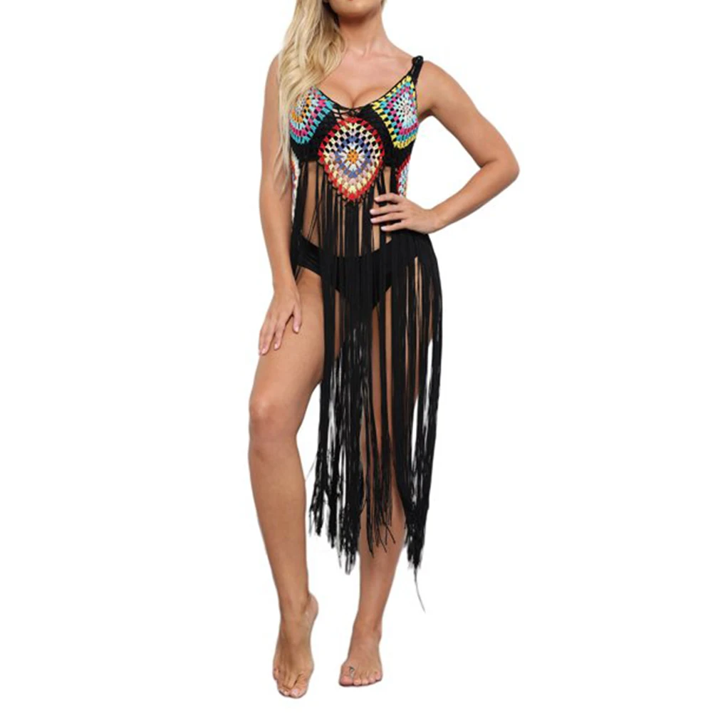 

Women Stylish Vacation Summer Beach Sexy Bikini Cover Up Elegant Crochet Pool Party Vintage Out With Tassel Sleeveless