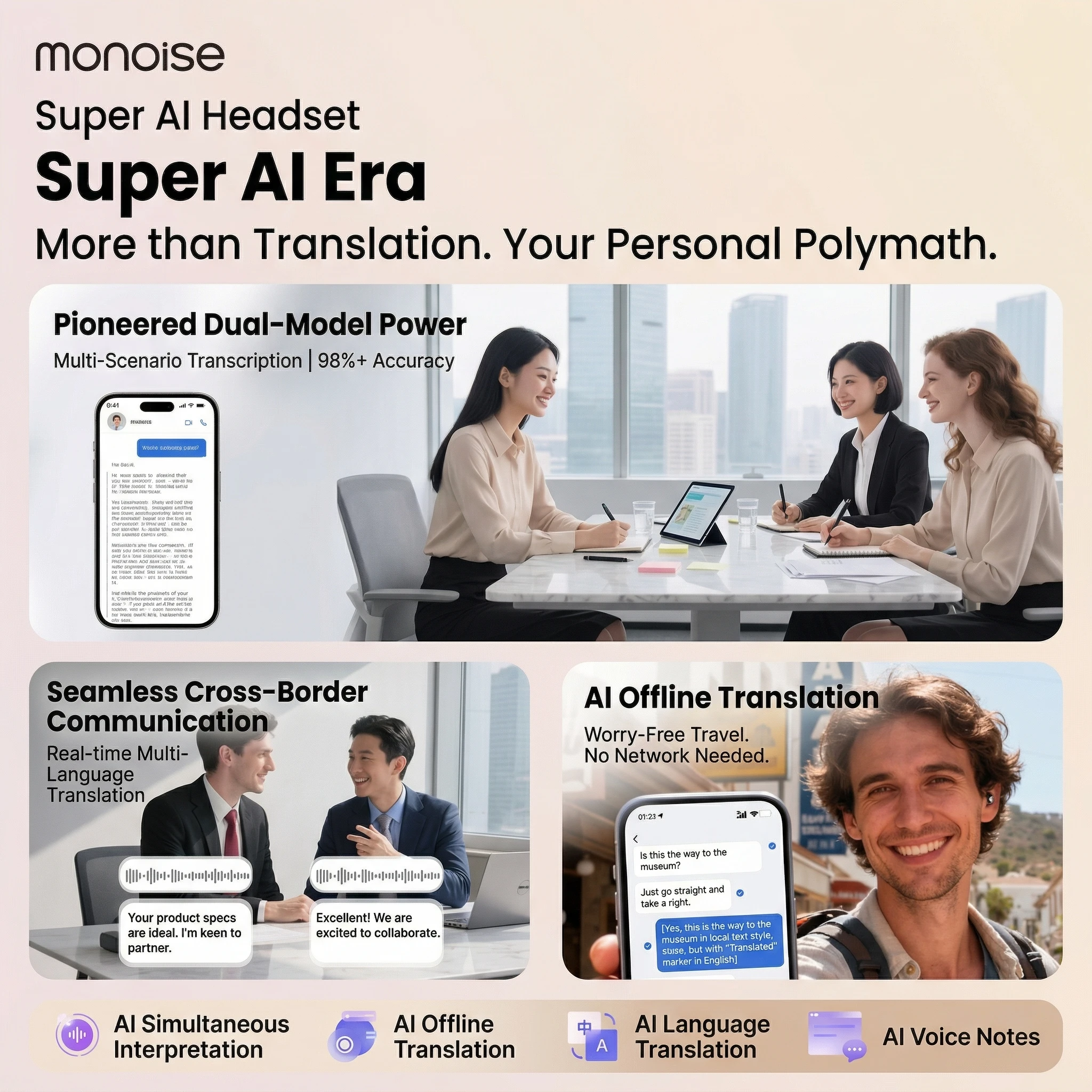 Беспроводные Bluetooth-наушники Monoise P-G2 AI Smart с открытым ухом, записью встреч, преобразованием речи в текст и переводчиком на 115 языков (art.: 3920dc701af5e) - 3920dc701af5e