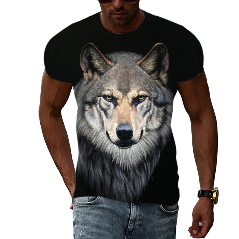 

Футболка мужская с объемным изображением волка, модная повседневная рубашка в стиле хип-хоп, топ с круглым вырезом в стиле Харадзюку, топ с коротким рукавом, одежда оверсайз, лето